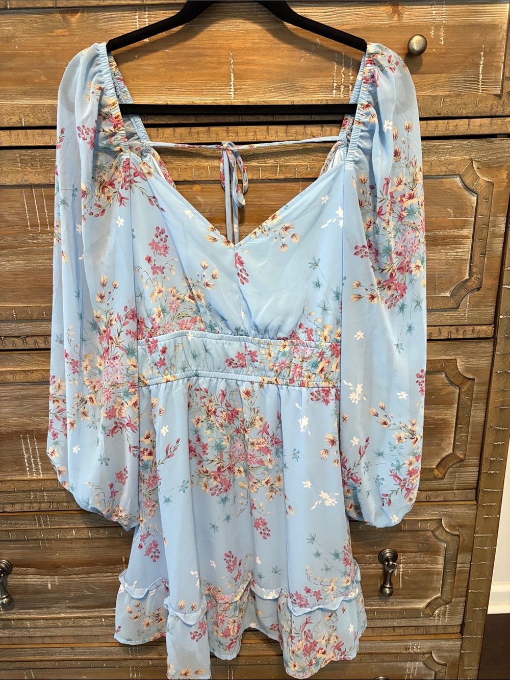 Light Blue Floral Mini Dress with Puff Sleeves